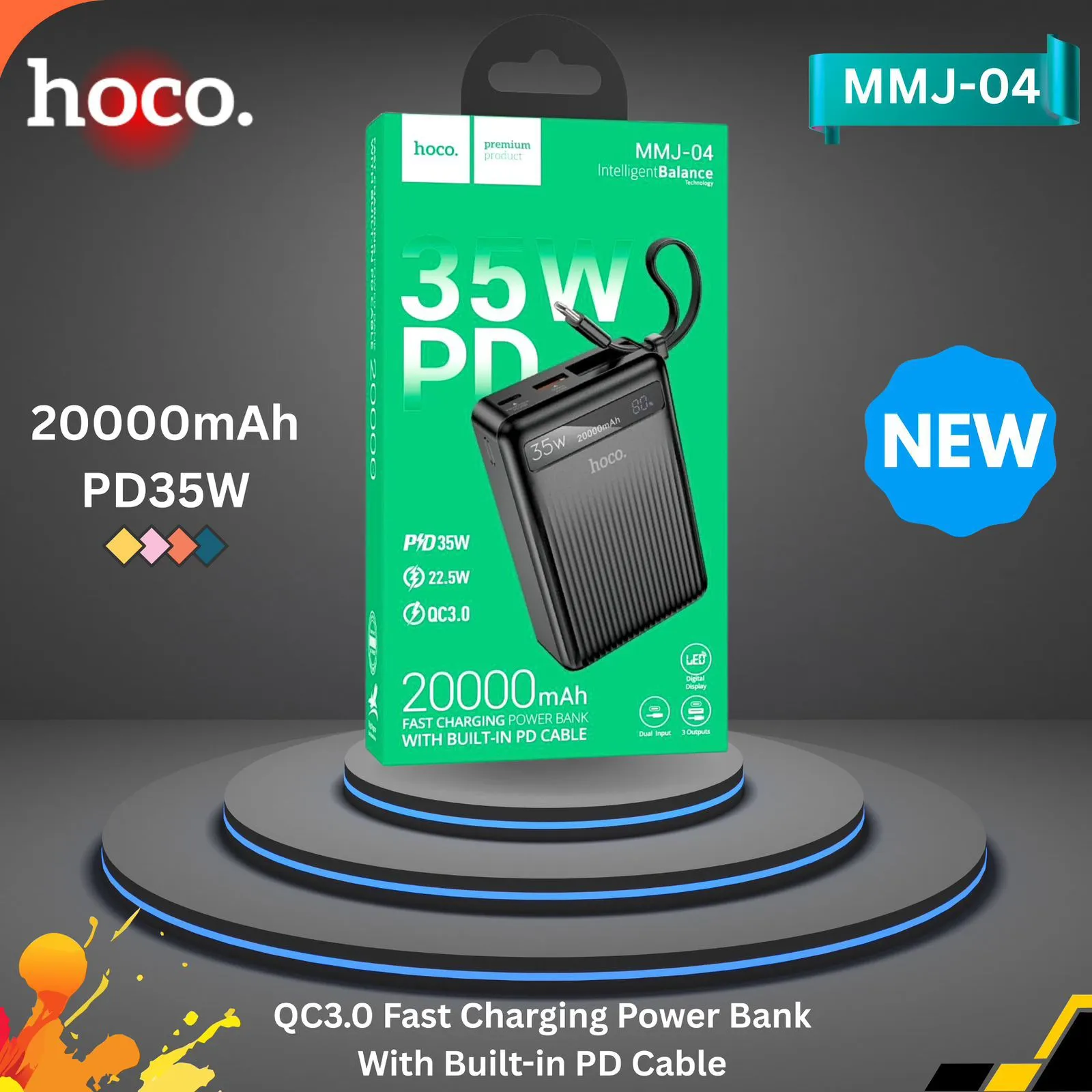 Hoco MMJ-04 20000mAh 35W PD Fast Charging Power Bank with Built-in Cable