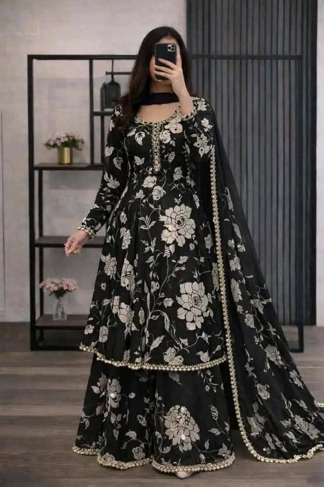 Premium Cotton Screen Printed Garara Three Piece Set with Lace Finishing