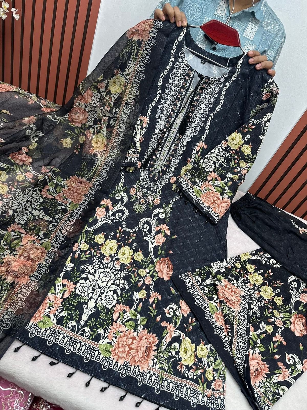 Embroidery Sequence Digital Print Three Piece on Premium Cherry Fabric with Maisori Cotton Orna
