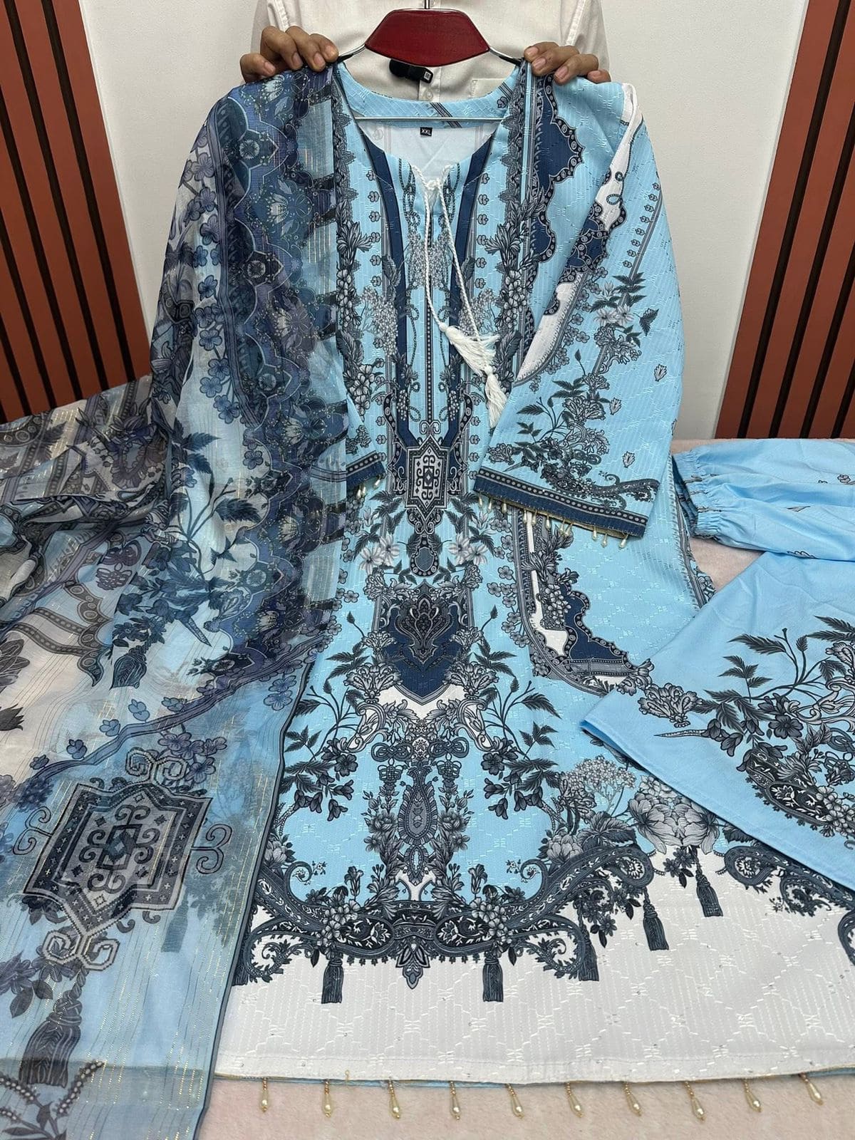 Embroidery Sequence Digital Print Three Piece on Premium Cherry Fabric with Maisori Cotton Orna