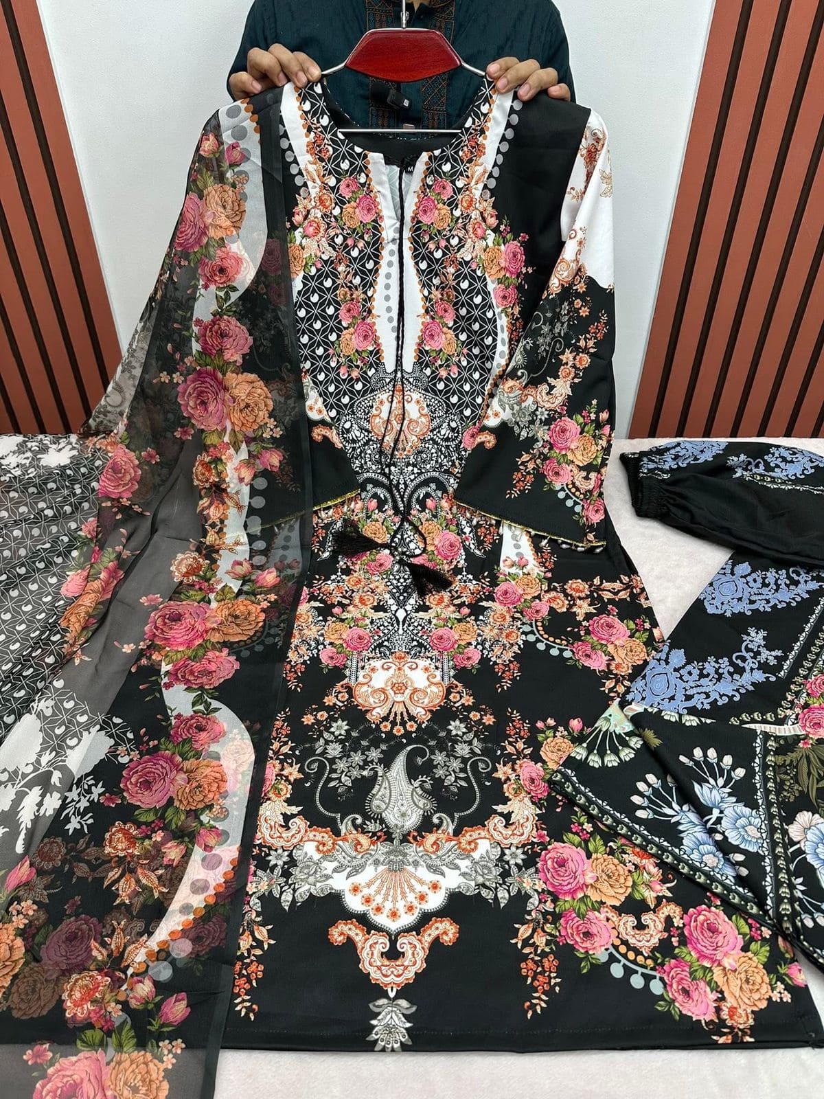 New Collection Digital Print Three Piece on Premium Cherry Fabric with 5-Hat Jorjet Orna