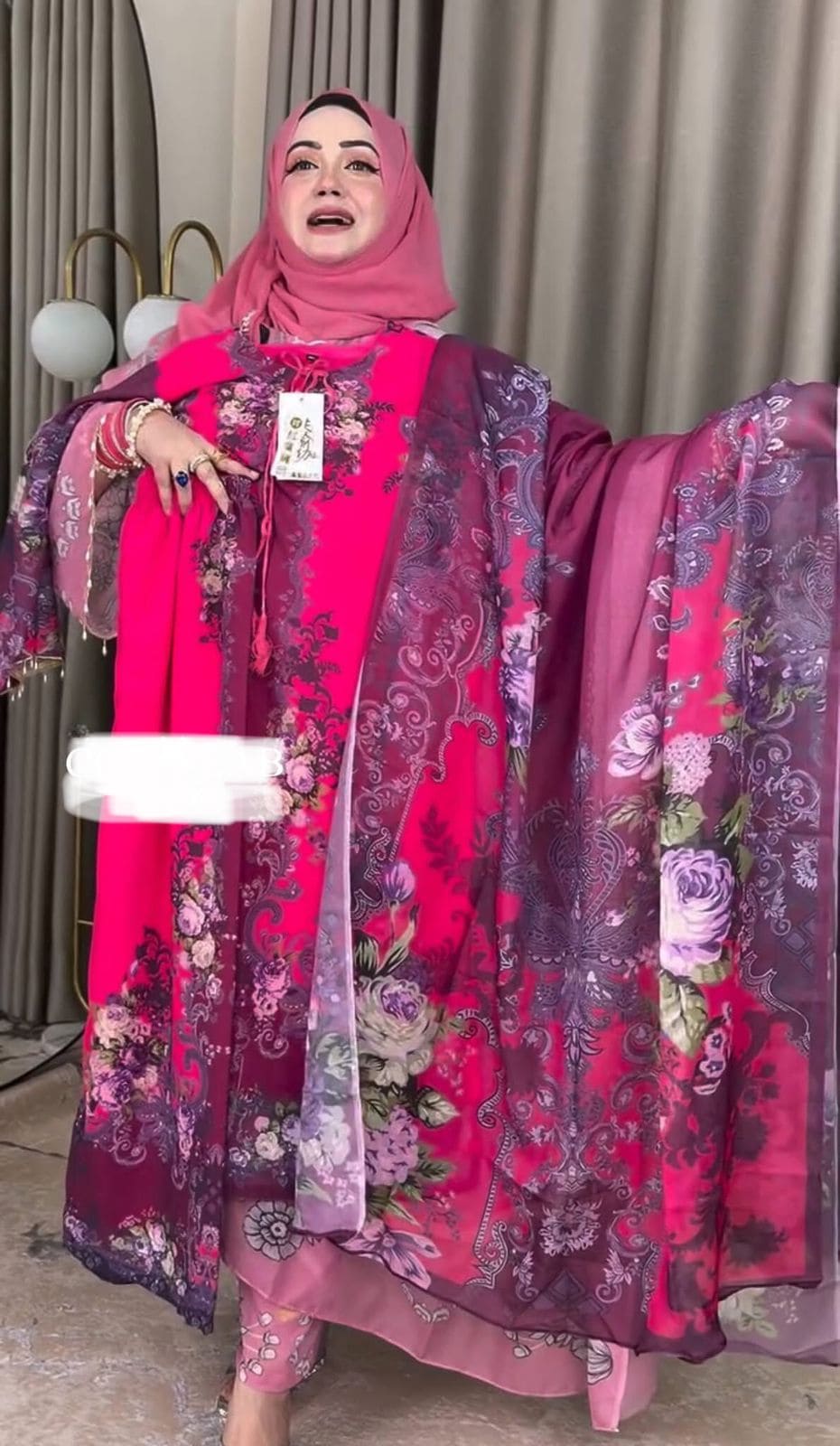 New Collection Digital Print Three Piece on Premium Cherry Fabric with 5-Hat Jorjet Orna