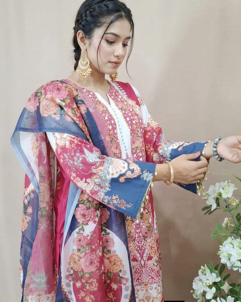 Digital Printed China Microstich 3 Piece with Lase Work