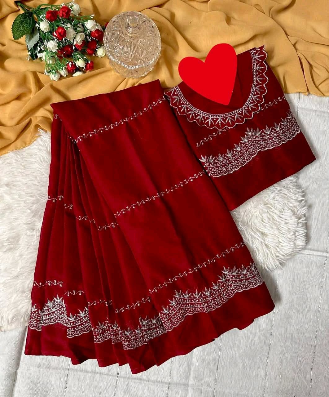 Premium Soft Georgette Embroidery Sharee with Blouse Piece