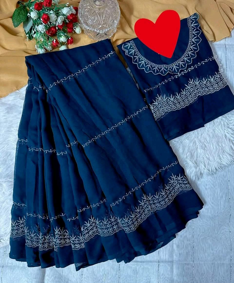 Premium Soft Georgette Embroidery Sharee with Blouse Piece