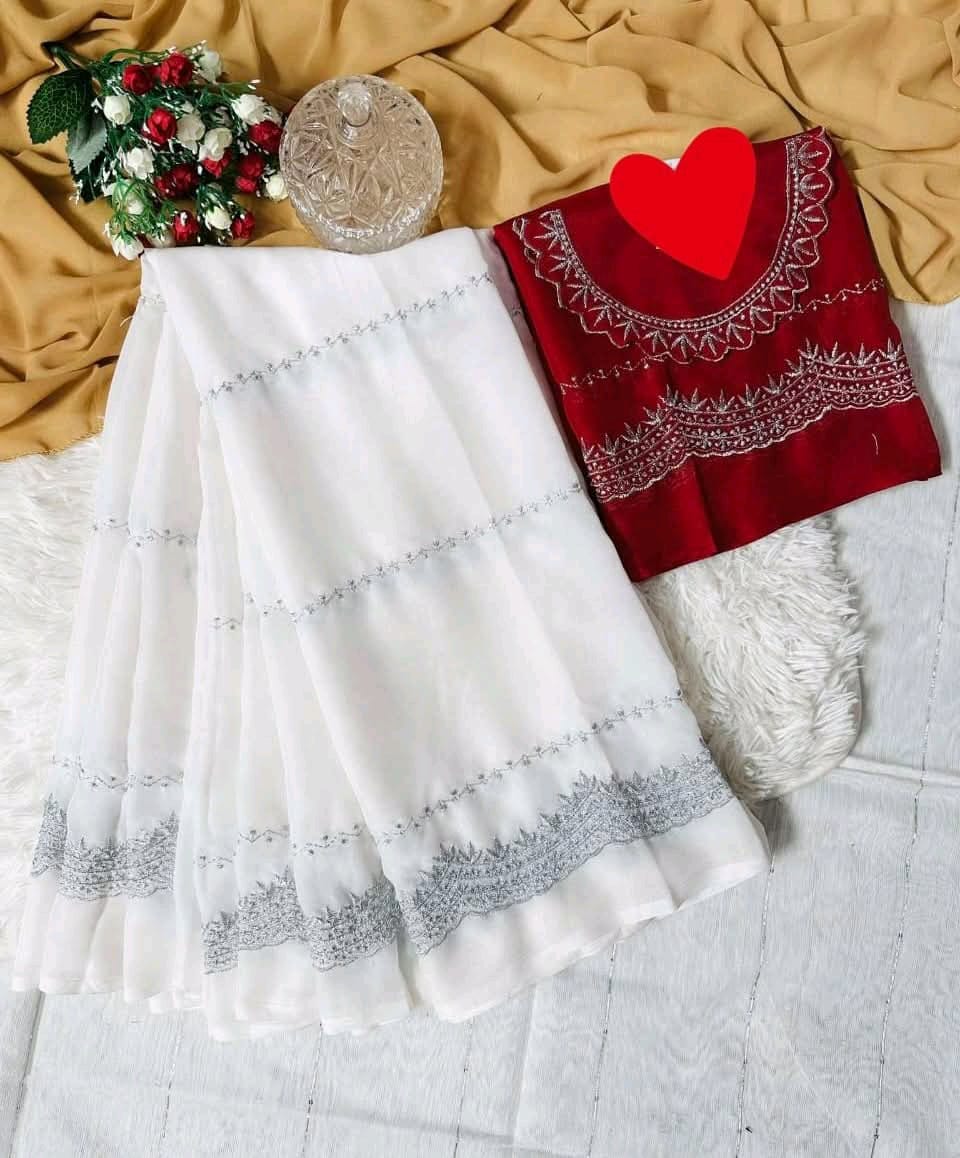 Premium Soft Georgette Embroidery Sharee with Blouse Piece