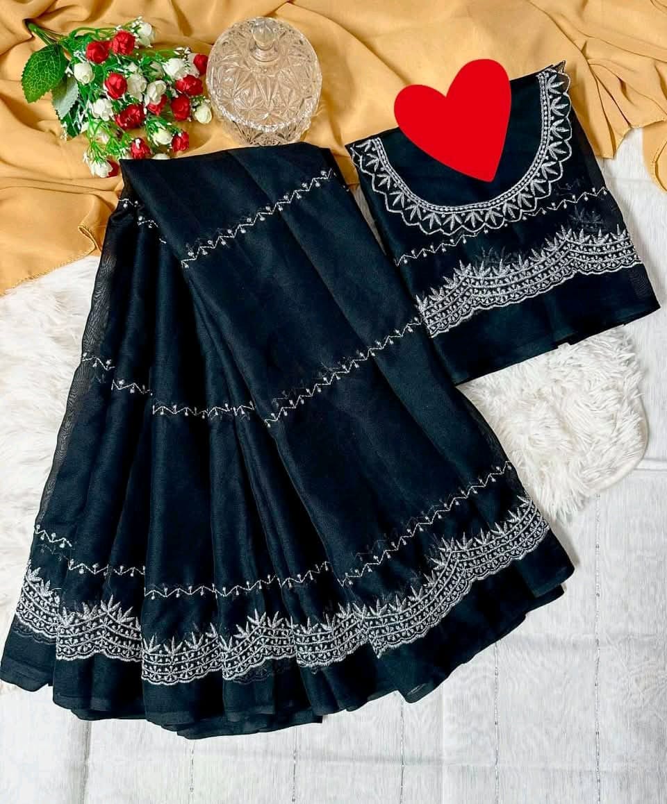 Premium Soft Georgette Embroidery Sharee with Blouse Piece