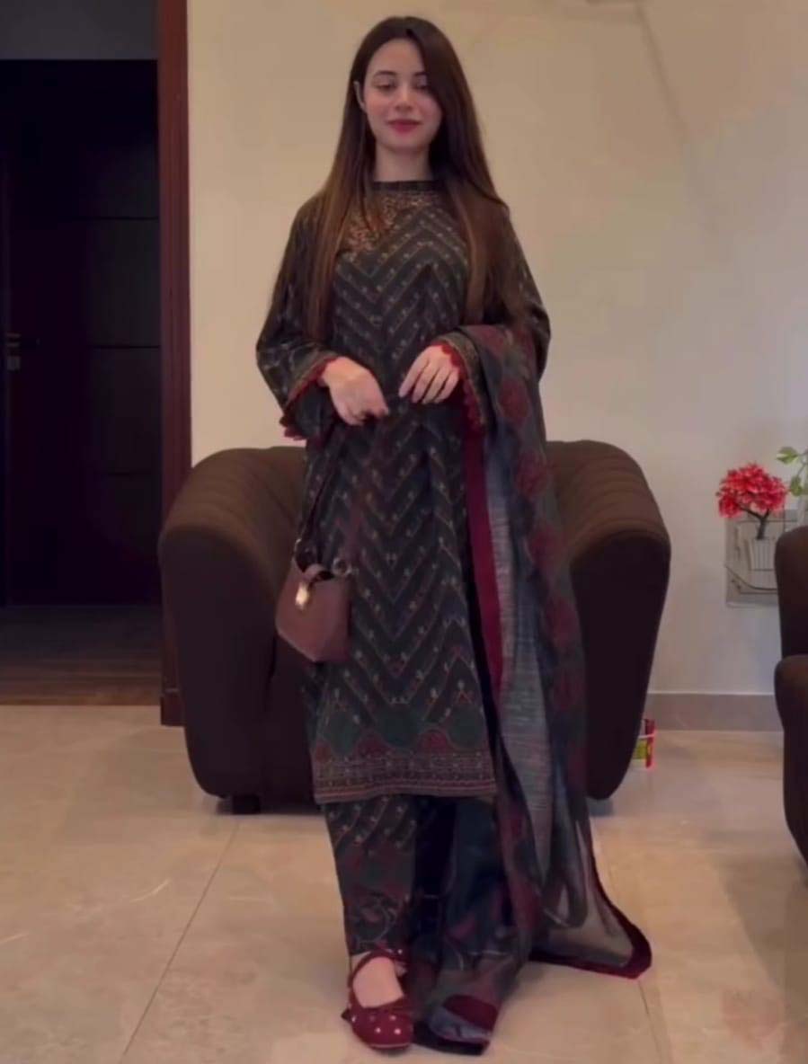 Digital Print Ready Made Three Piece with Lace Work & Georgette Orna