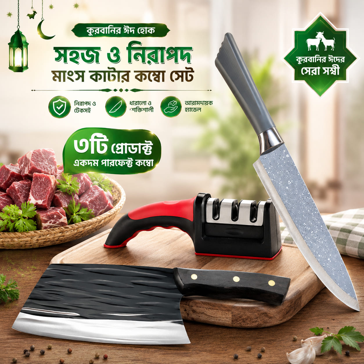 Qurbani Meat Cutting Combo Set - 3 in 1 Premium Kitchen Tool Kit