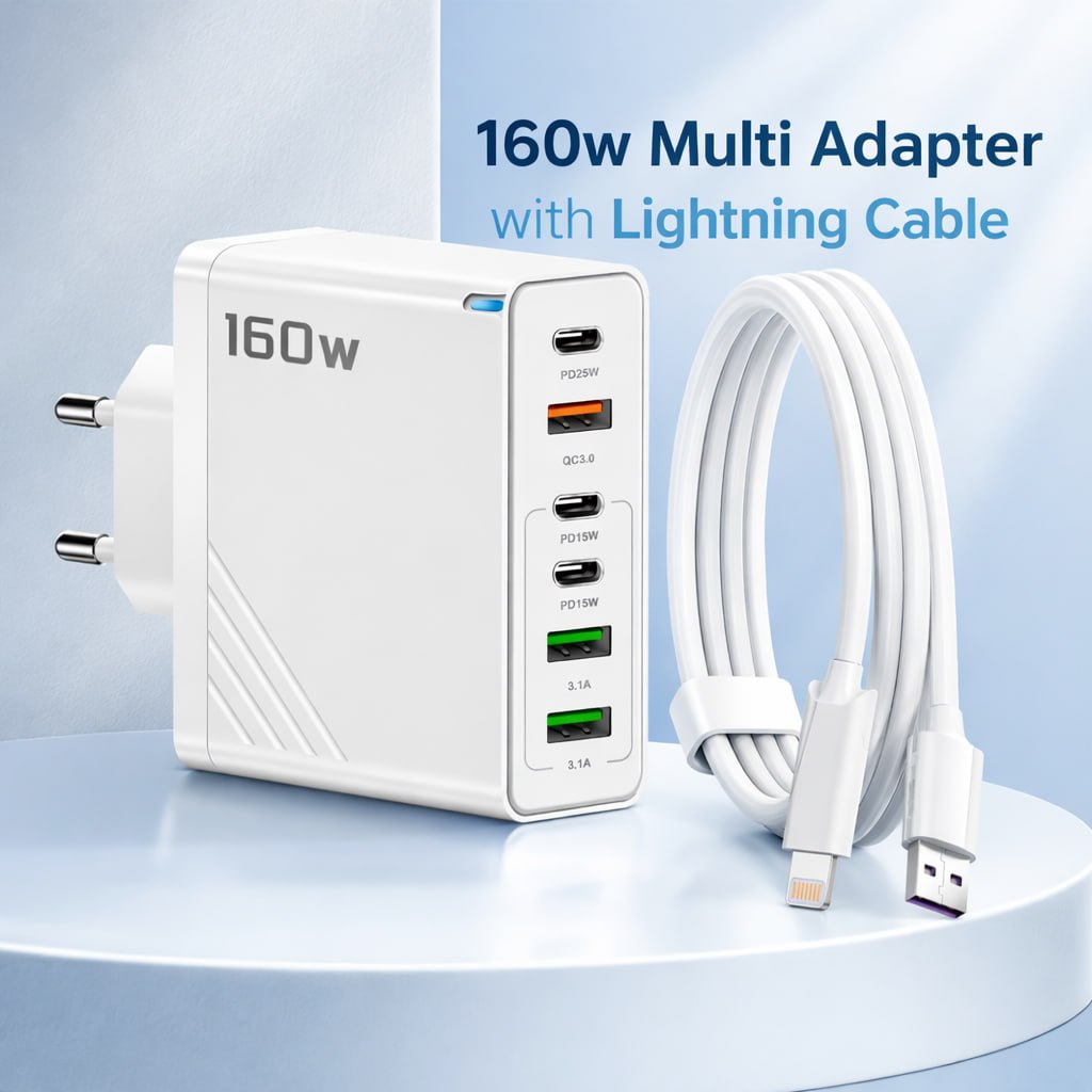 160W Super Fast Multi-Adapter - 6 Ports GaN Charger with Free Lightning Cable