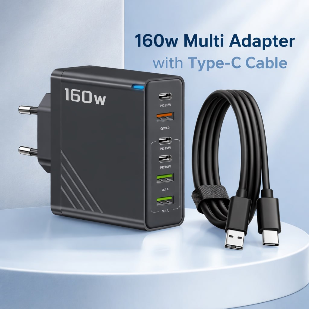 160W Super Fast Multi-Port GaN Charger - 6-in-1 Charging Station with Free Type-C Cable