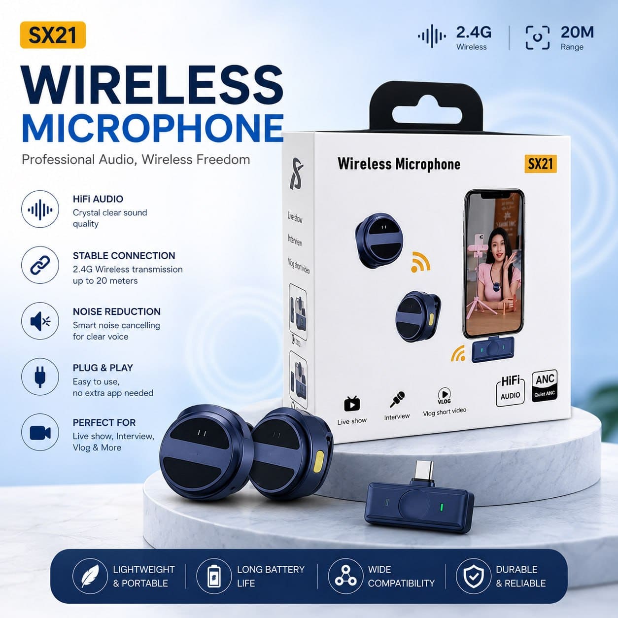 SX21-New 2-in-1 Dual Wireless Lavalier Microphone - Professional Noise Reduction Mic