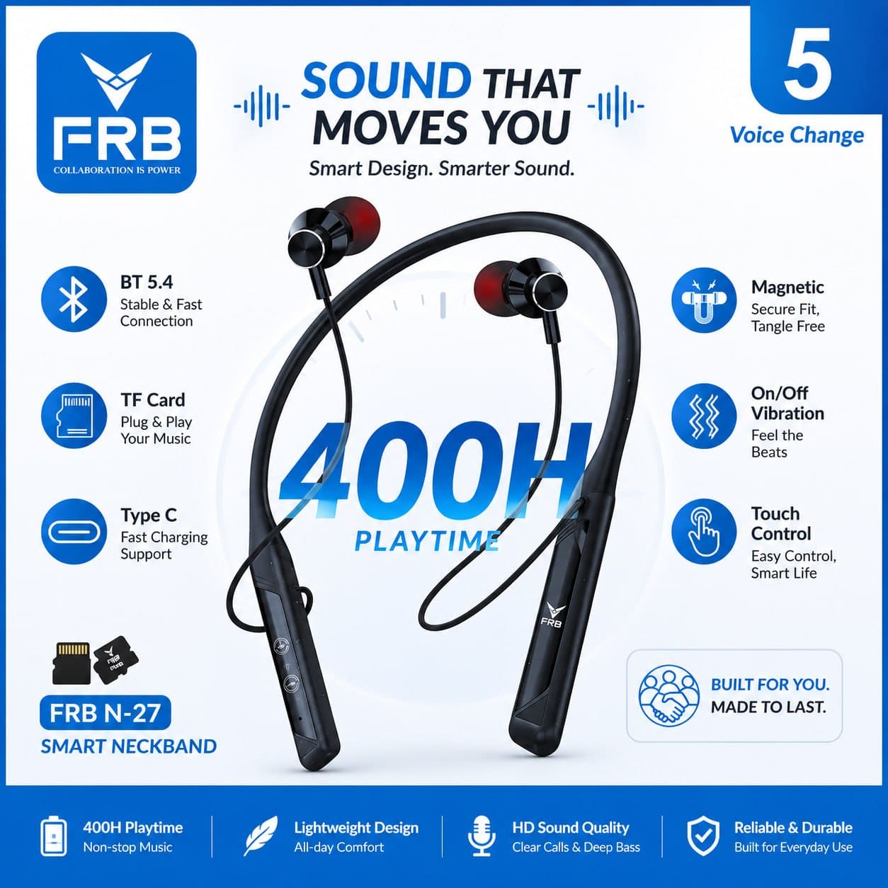 FRB-N27 Wireless Neckband - 400h Standby, 5 Voice Changer & TF Card Support