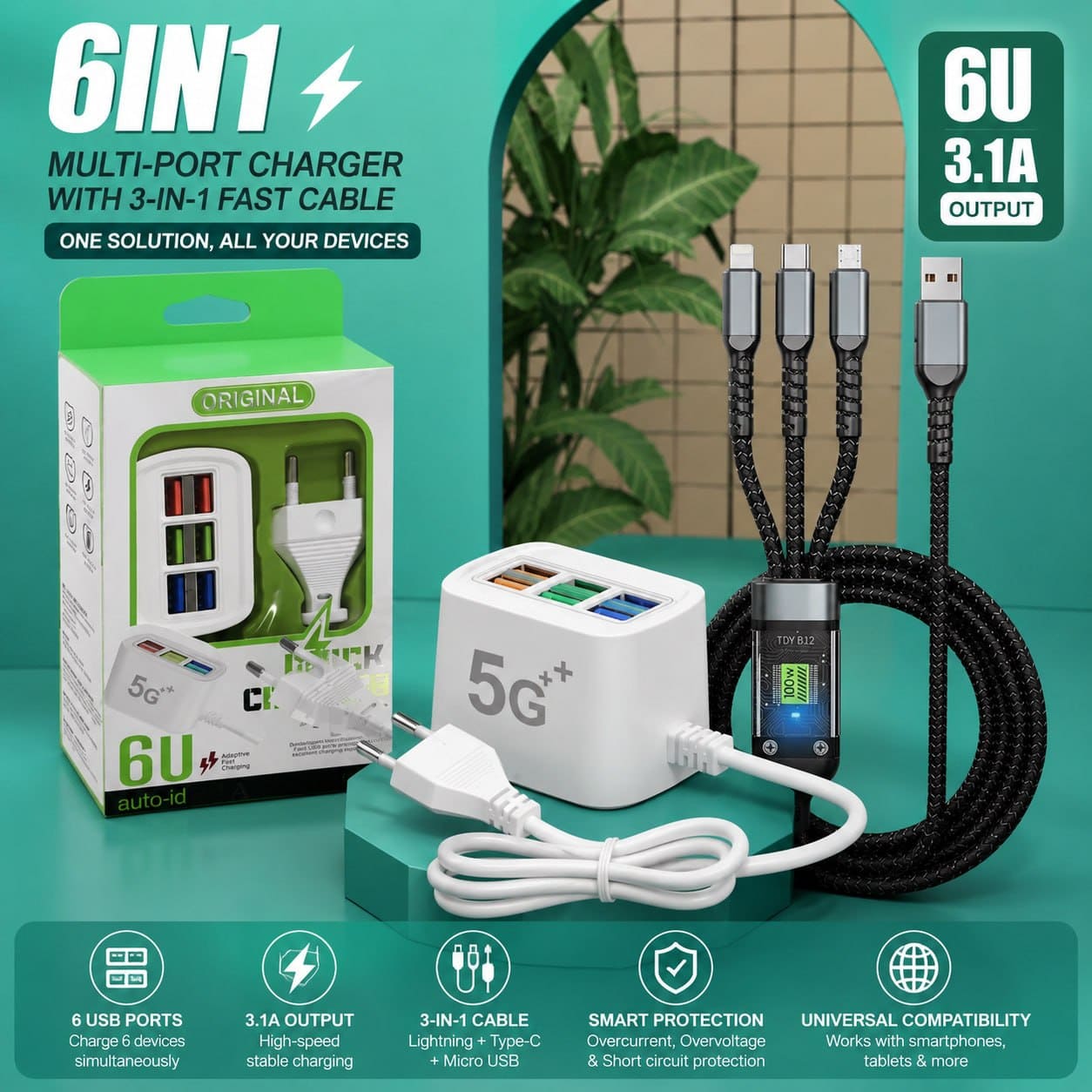 6-in-1 Multi-Port Charging Hub: 6U Adapter with 3-in-1 Fast Charging Cable