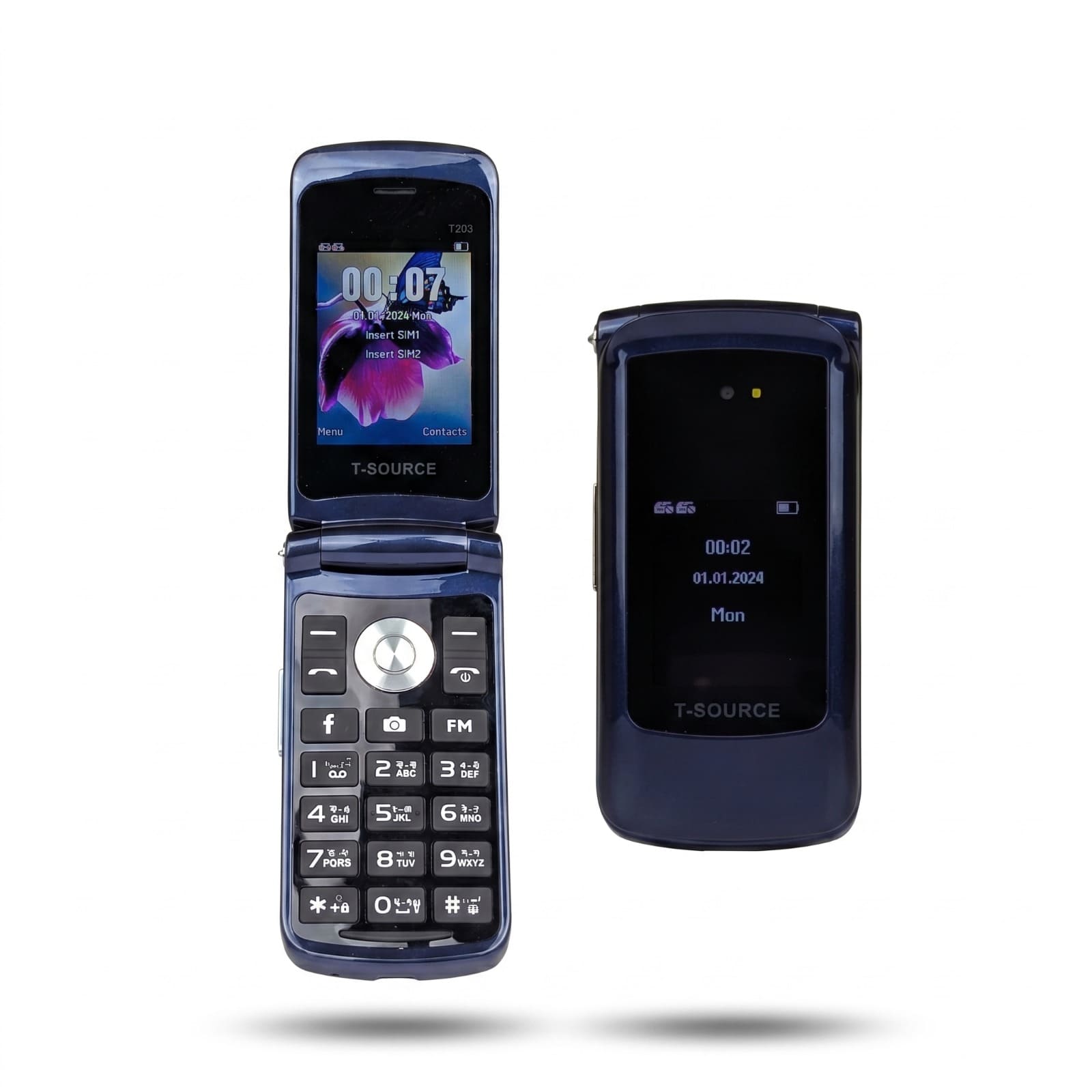 T-Source T203 Dual Display Folding Mobile Phone (Blue) - 1 Year Official Warranty