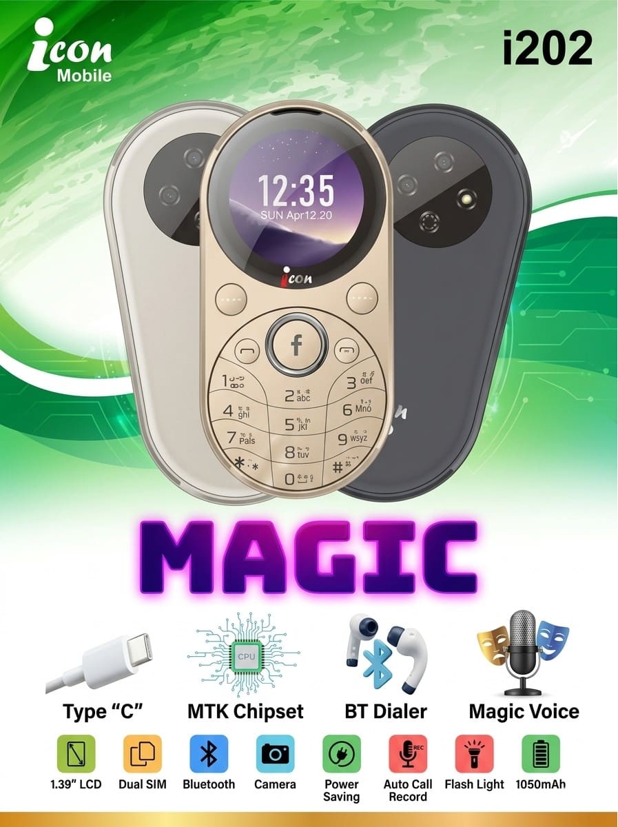 iCon i202 Magic Mini Phone - Round Display, Magic Voice & Type-C Charging