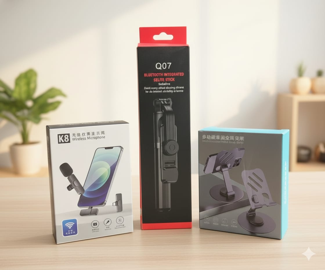 Smart Vlogger's Combo 3-in-1 Set with K8 Wireless Mic Q07 Tripod and 360 Degree Stand