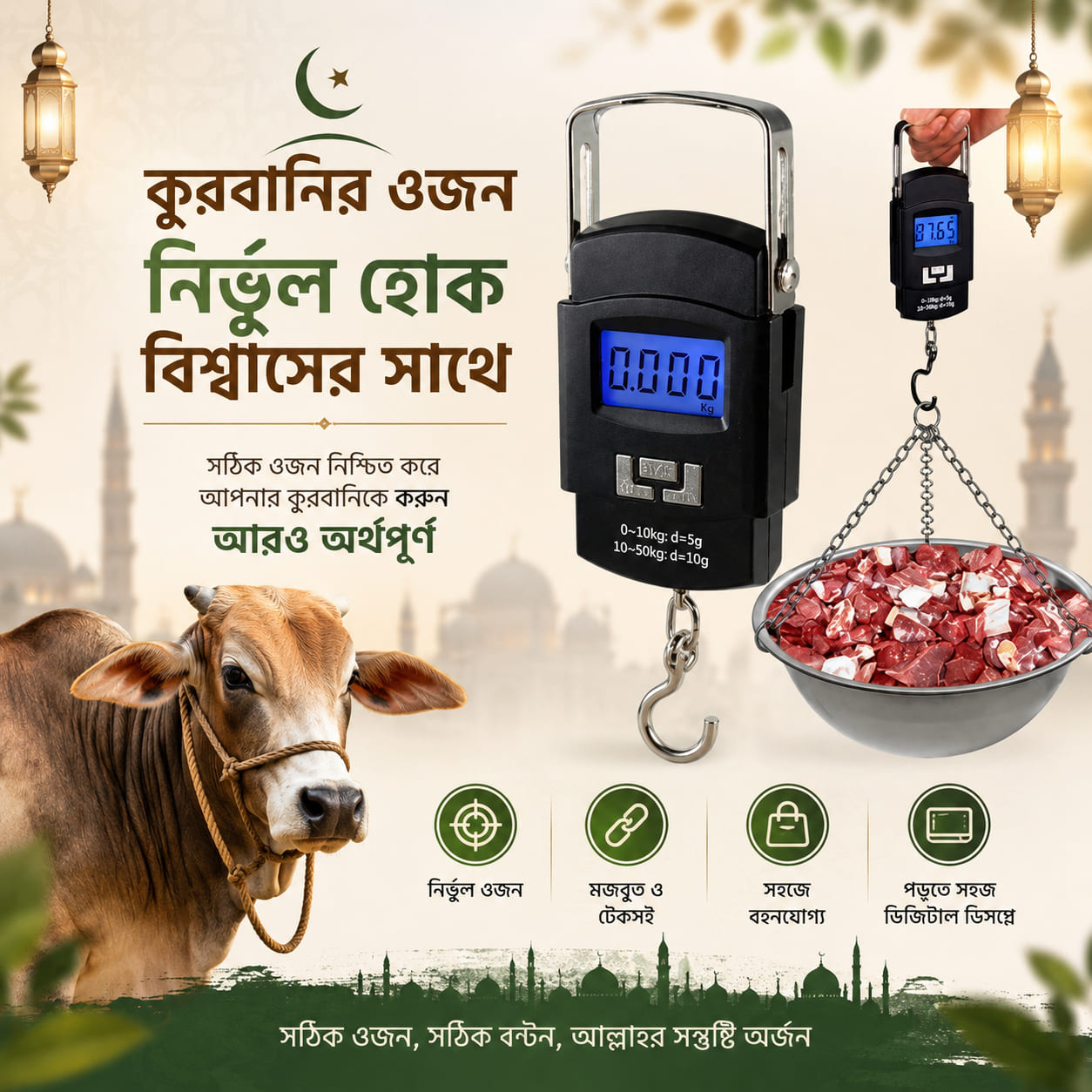 Portable Digital Hook Hanging Weighing Scale 50kg Capacity