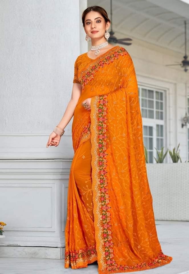 Premium Indian Georgette Embroidery Saree With Blouse Piece