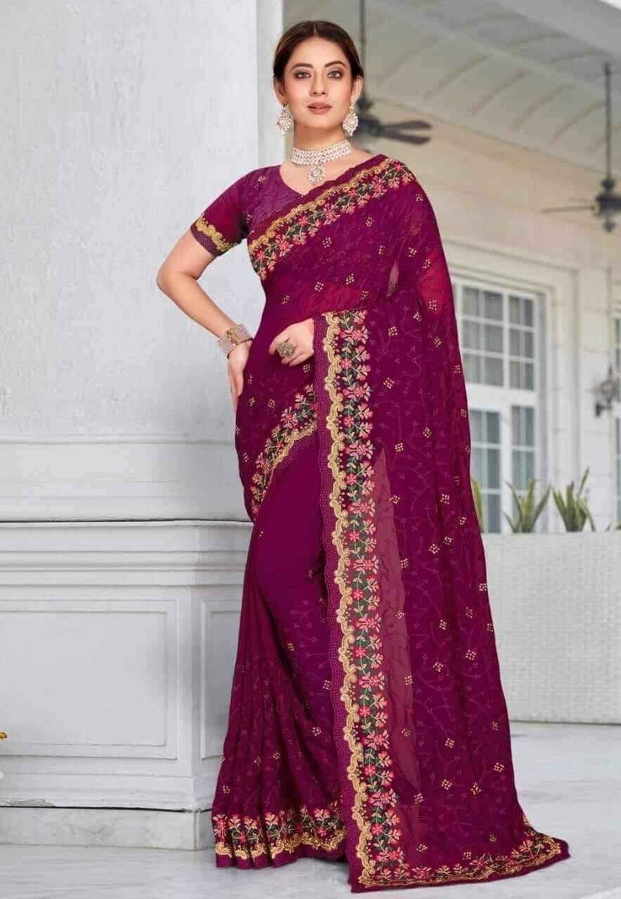 Premium Indian Georgette Embroidery Saree With Blouse Piece