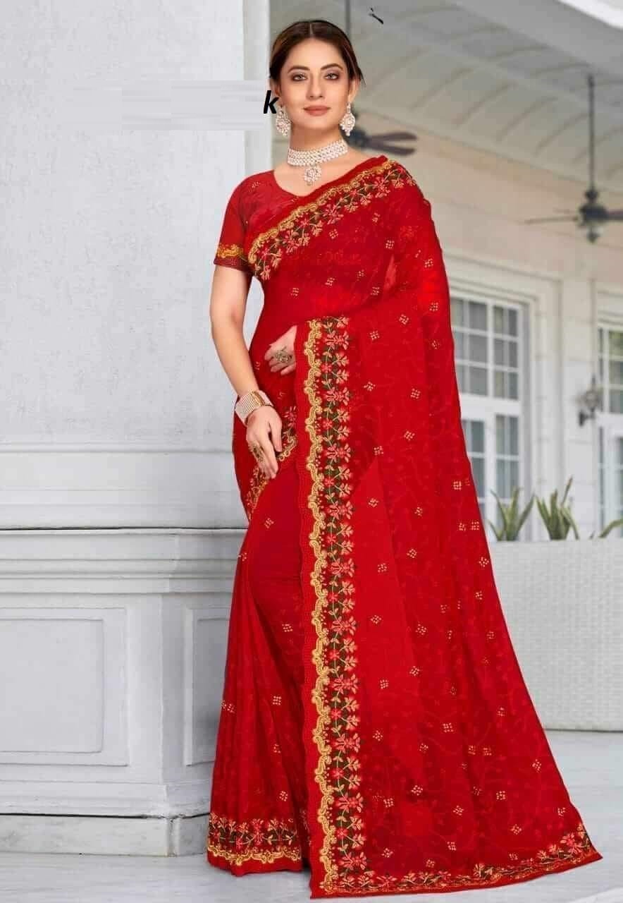 Premium Indian Georgette Embroidery Saree With Blouse Piece