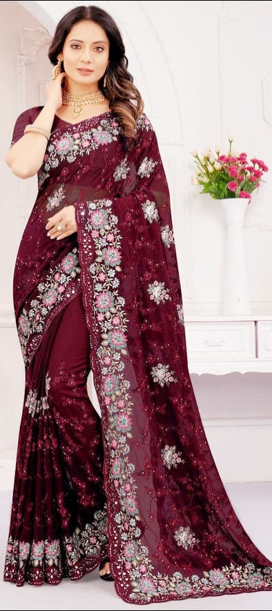 Premium Indian Georgette Embroidery Saree With Blouse Piece