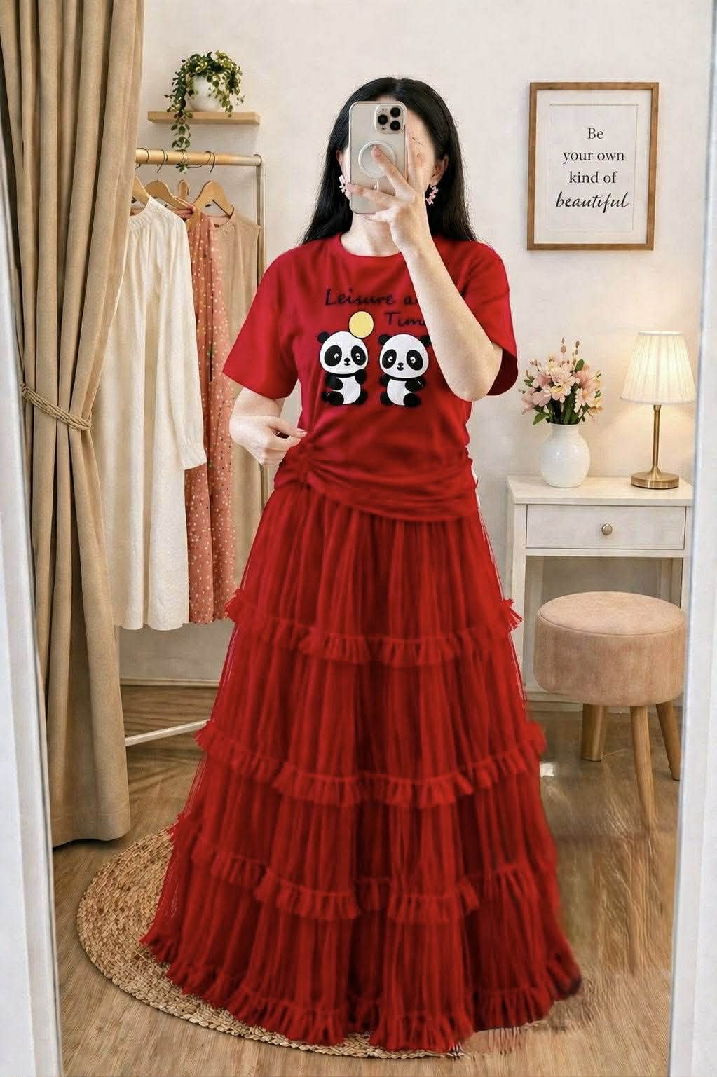 Premium Cotton T-Shirt and Soft Net Skirt Set for Women