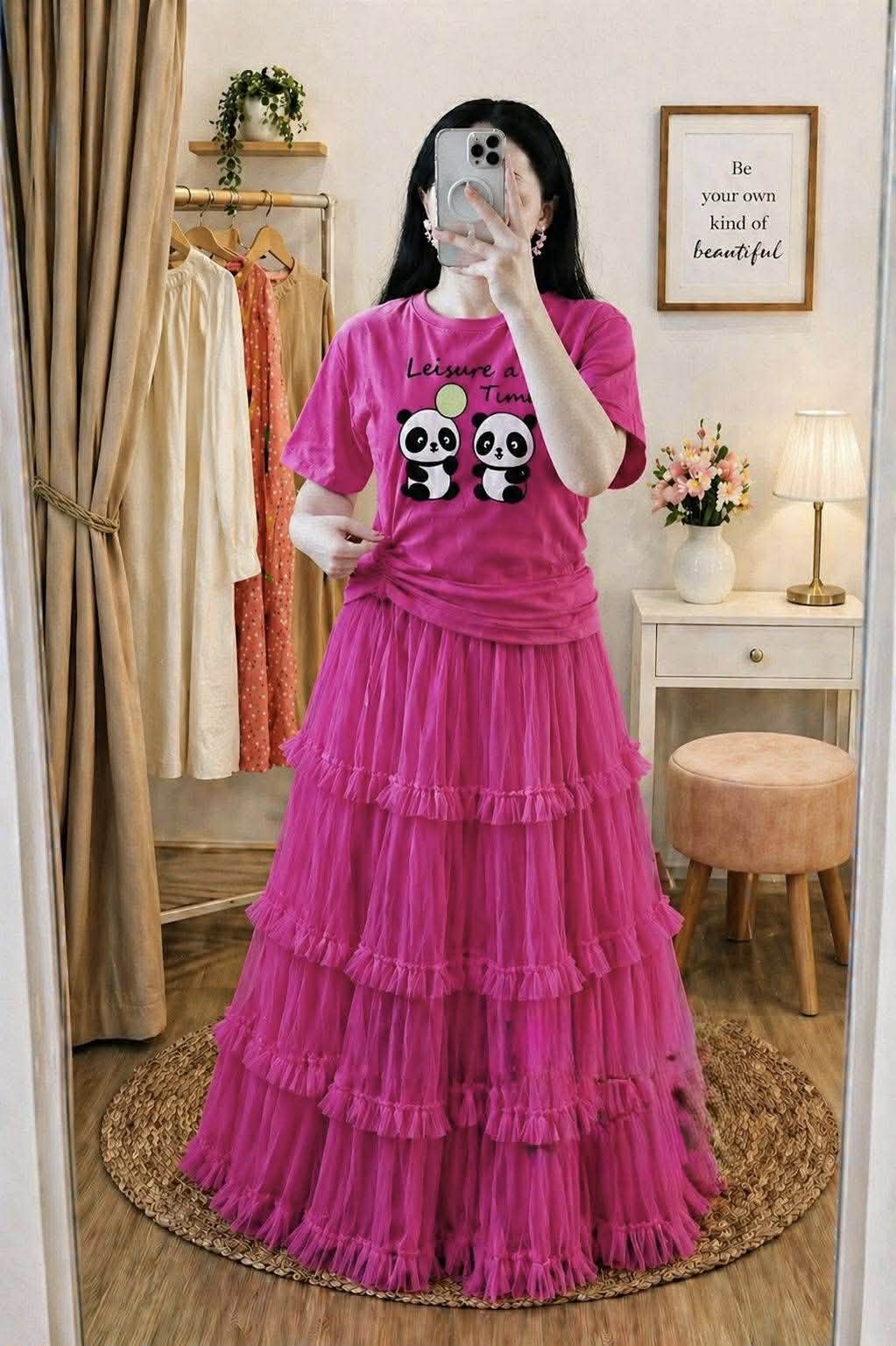 Premium Cotton T-Shirt and Soft Net Skirt Set for Women