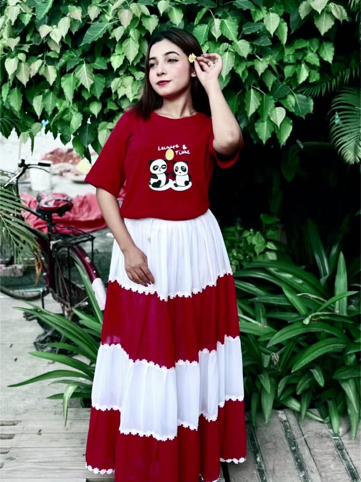 Stylish Cotton T-Shirt and Georgette Skirt Set for Women