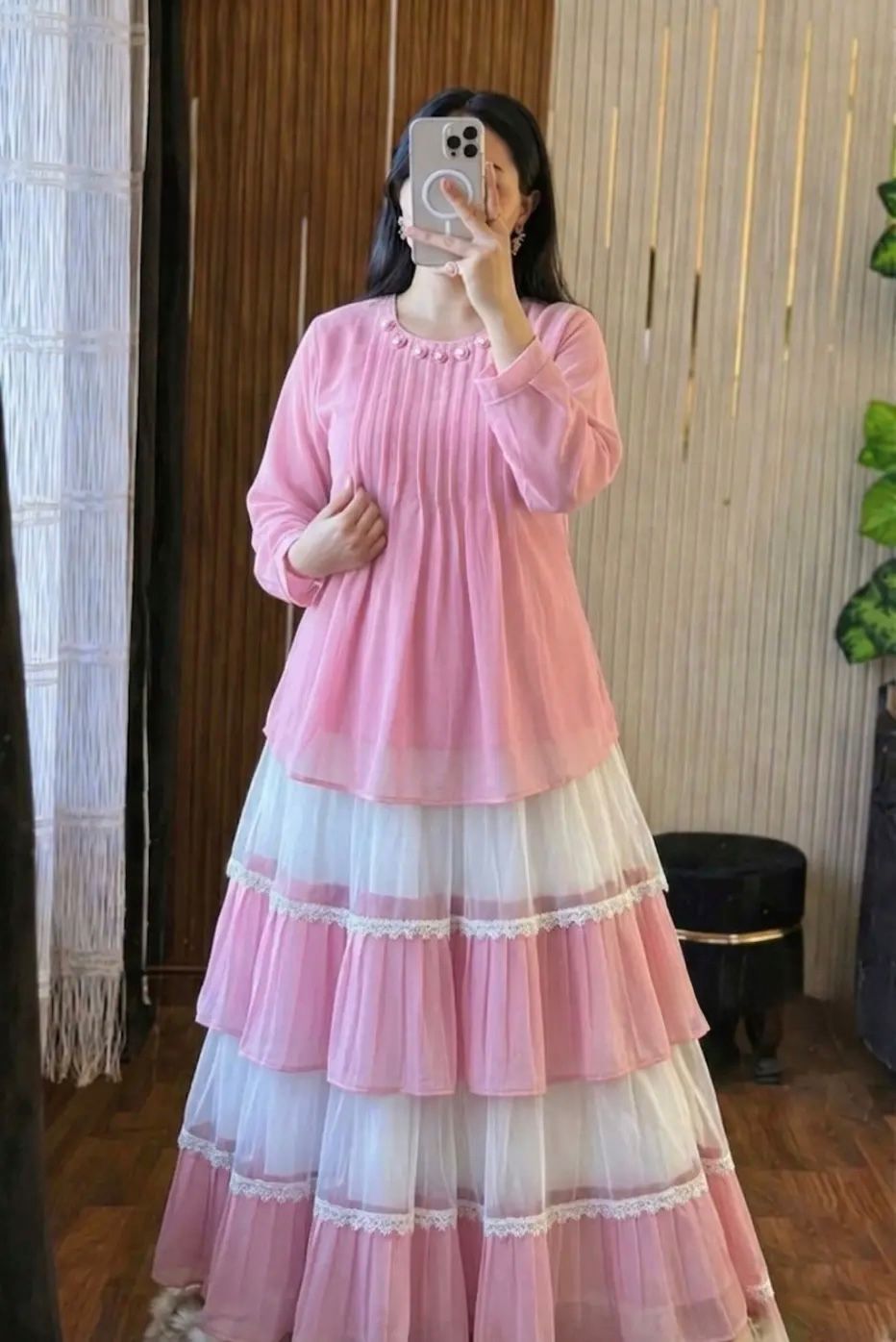 Trendy Cherry Georgette Tops and Indian Skirt Set