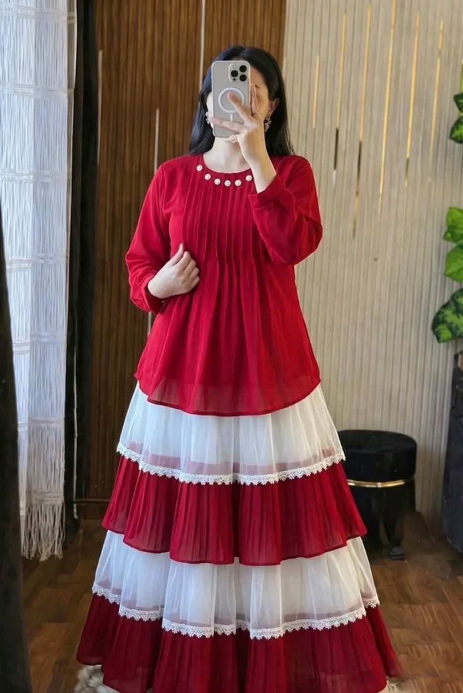 Trendy Cherry Georgette Tops and Indian Skirt Set