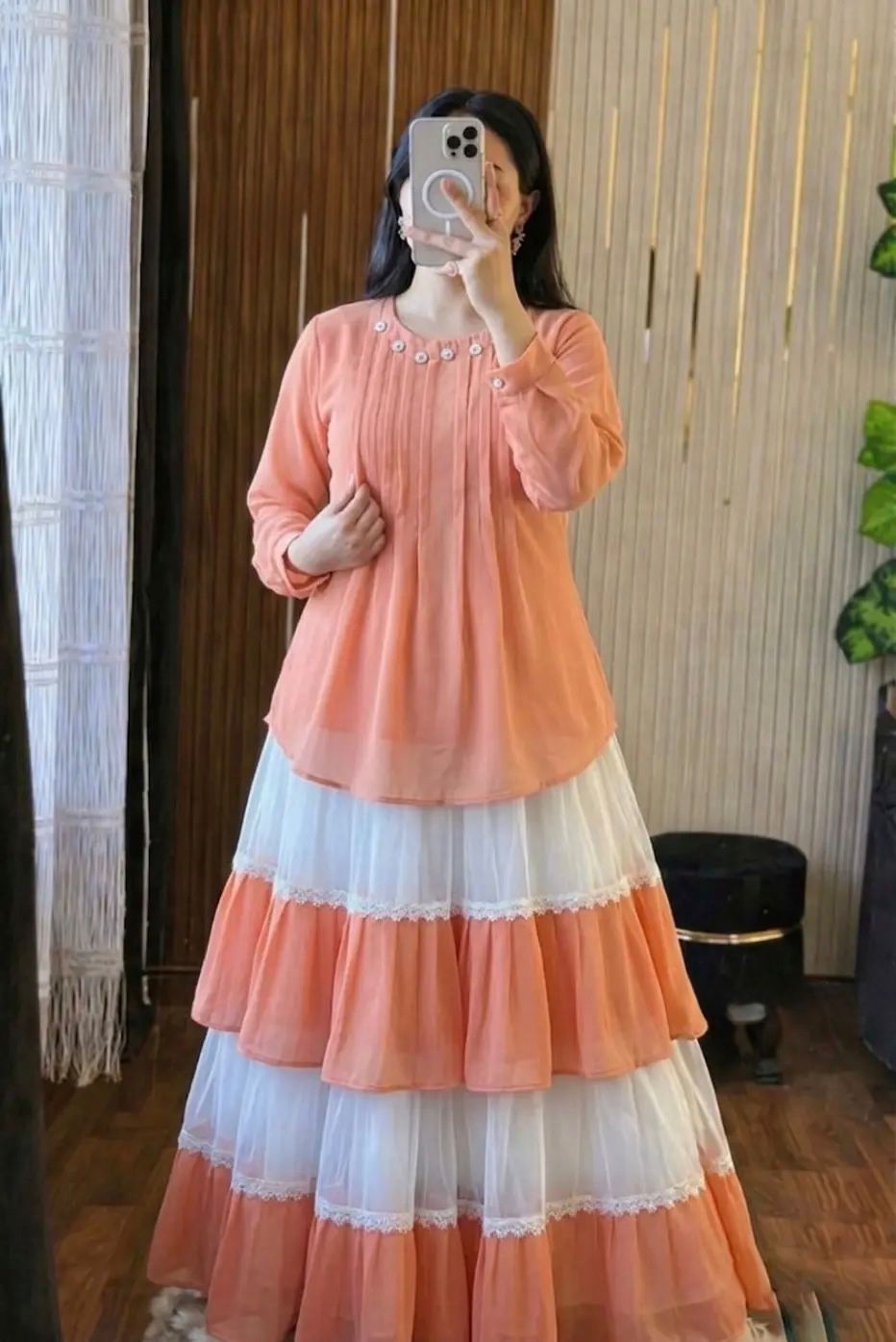 Trendy Cherry Georgette Tops and Indian Skirt Set