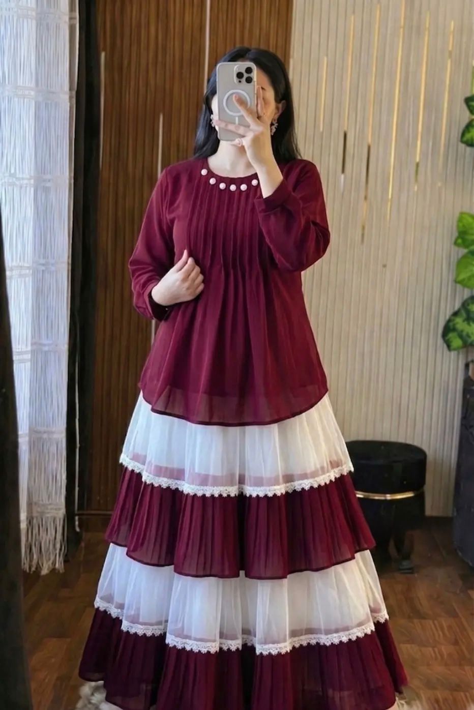 Trendy Cherry Georgette Tops and Indian Skirt Set