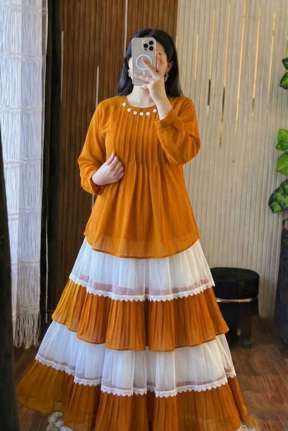 Trendy Cherry Georgette Tops and Indian Skirt Set
