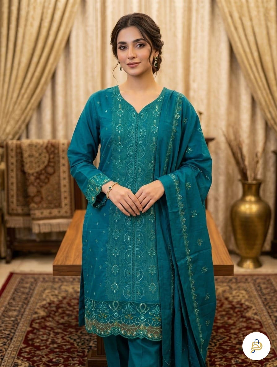 Aghanoor Unstitched Cotton Sequence and Embroidery Three Piece