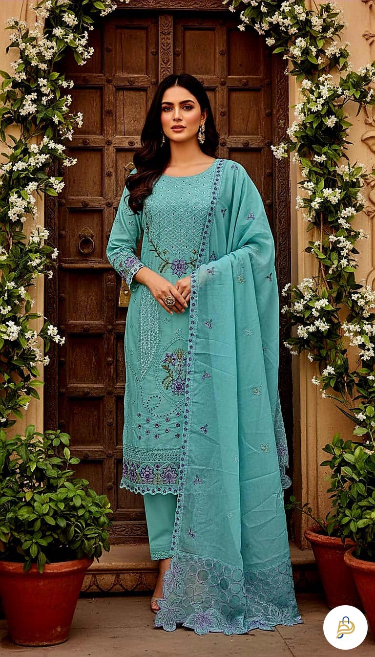 Aghanoor Unstitched Cotton Sequence and Embroidery Three Piece