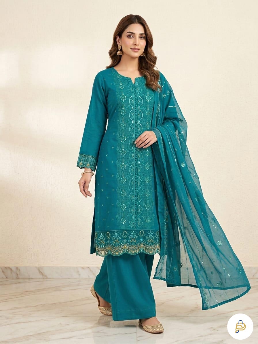 Aghanoor Unstitched Cotton Sequence and Embroidery Three Piece