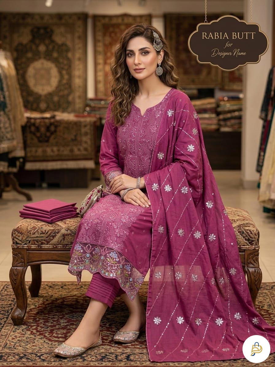 Aghanoor Unstitched Cotton Sequence and Embroidery Three Piece