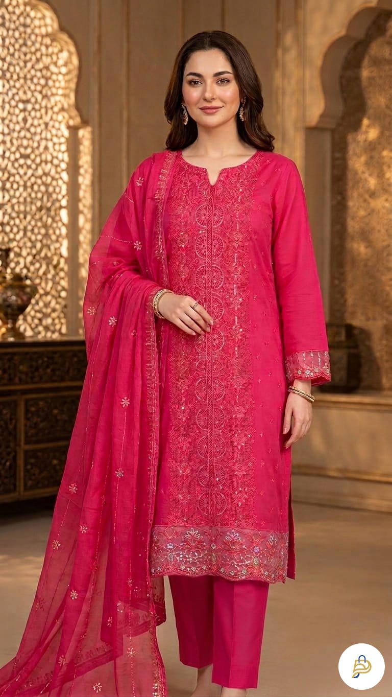 Aghanoor Unstitched Cotton Sequence and Embroidery Three Piece