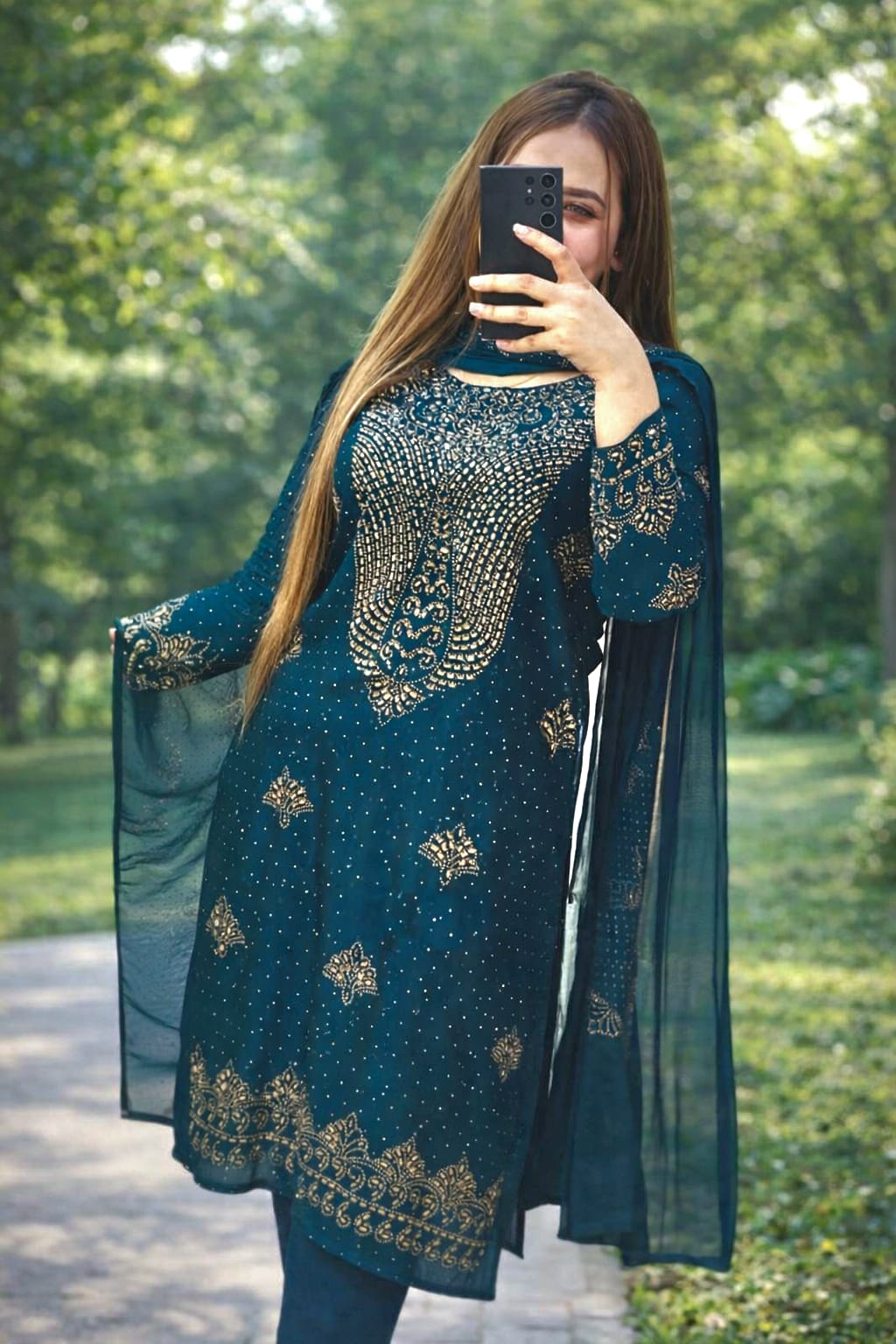 Heavy Stone Work AC Cotton Unstitched Three Piece