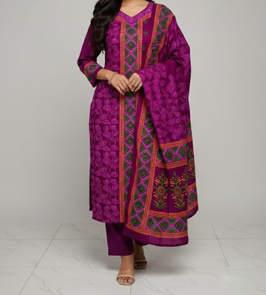 Premium VIP Cotton Voile Block and Hand Print Three Piece