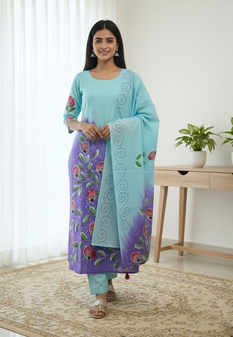 Premium VIP Cotton Voile Block and Hand Print Three Piece