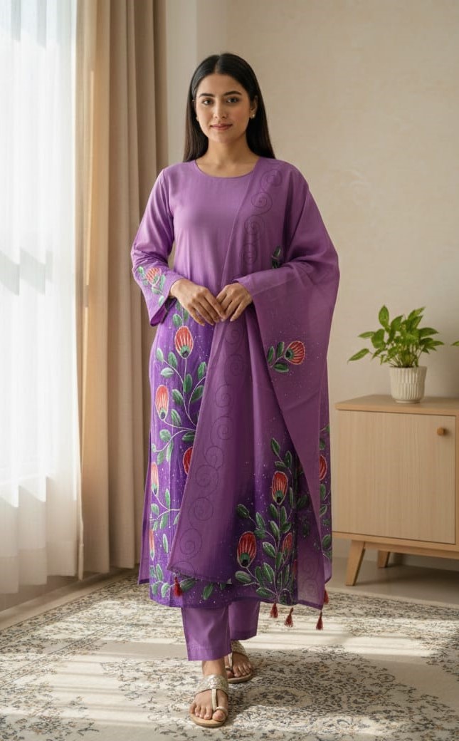 Premium VIP Cotton Voile Block and Hand Print Three Piece