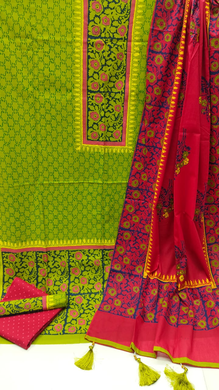 Premium VIP Ork Voile Block Print Unstitched Three Piece Set