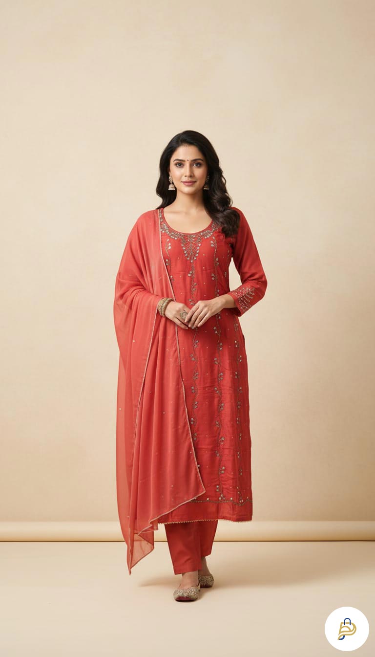 Premium AC Cotton Hand Katchupi Work Unstitched Three Piece