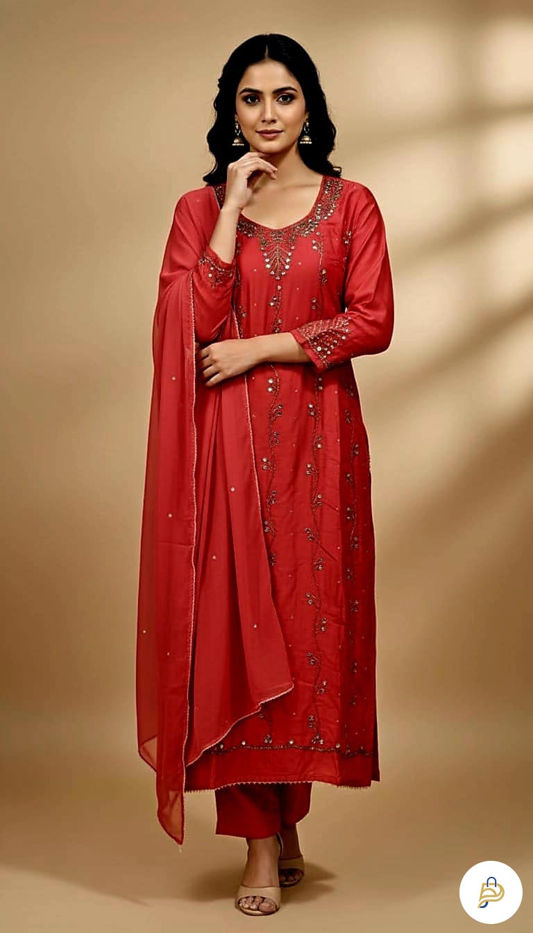 Premium AC Cotton Hand Katchupi Work Unstitched Three Piece