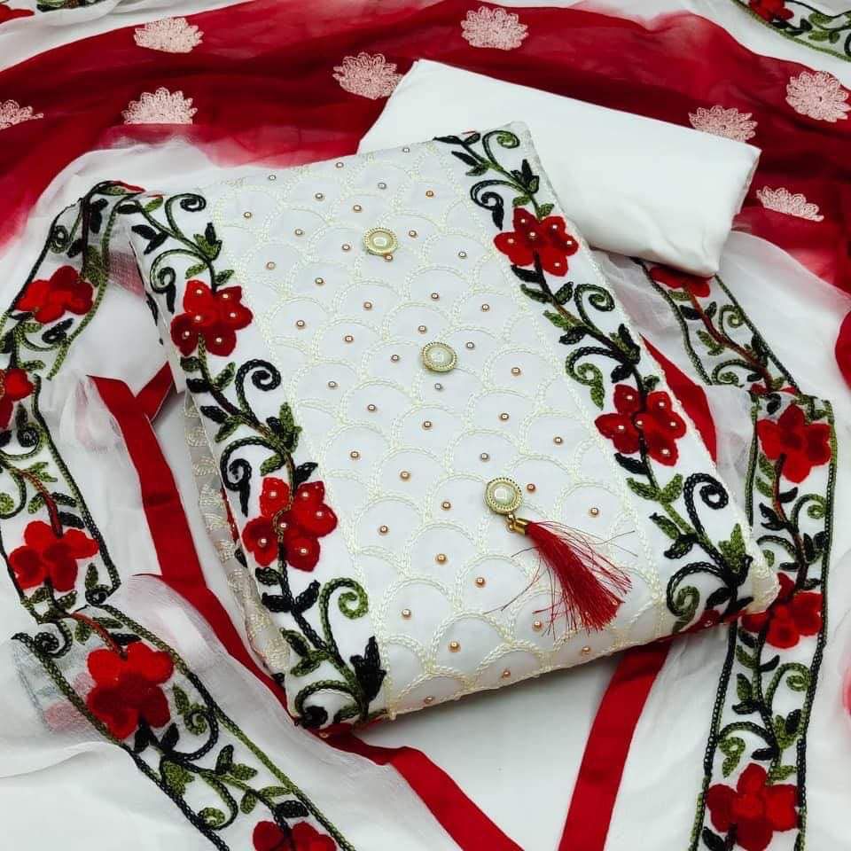 Semi Stitched Swiss Cotton Kashmiri Aari Embroidery Three Piece