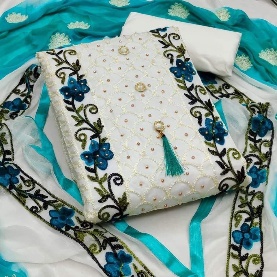 Semi Stitched Swiss Cotton Kashmiri Aari Embroidery Three Piece