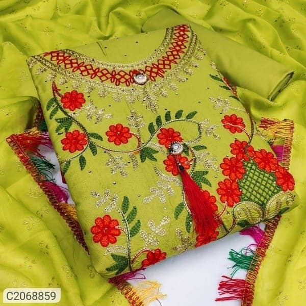 Semi Stitched Swiss Cotton Kashmiri Aari Embroidery Three Piece
