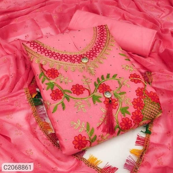 Semi Stitched Swiss Cotton Kashmiri Aari Embroidery Three Piece